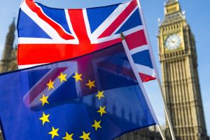 European Union and British Union Jack flag flying in front of Big Bang