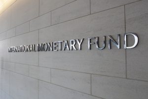 International Monetary Fund logo on wall