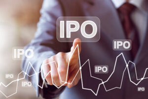 Dedo apontando gráfico com palavra IPO