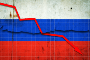 bandeira russa e gráfico mostrando perdas de ações por retirada do MSCI e FTSE