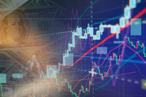 Ilustração mesclando um gráfico de cotação de ações e notas de dólar