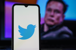 ilustração com o logotipo do Twitter e a imagem desfocada de Elon Musk ao fundo