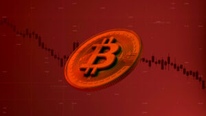 Moeda de Bitcoin centralizada com um fundo vermelho