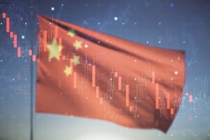 ilustração com bandeira da China e gráfico com histórico de cotações de mercado