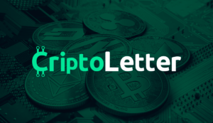 Moedas físicas de criptos com efeito verde em cima e CriptoLetter escrito