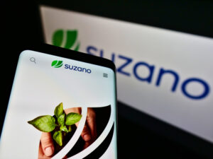 Celular com imagem de árvore e logotipo da Suzano na tela