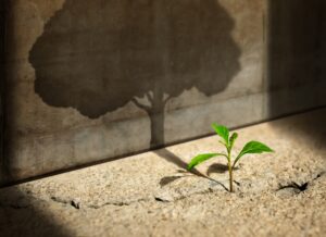 muda de árvore contra a luz projeta sombra de árvore inteiramente crescida