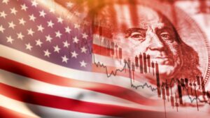 ilustração com bandeira dos EUA, detalhe da nota de dólar e gráfico de cotações