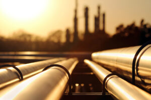 dutos de petróleo com refinaria ao fundo