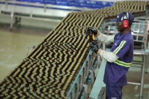 Fábrica da Ambev com cervejas na linha de produção