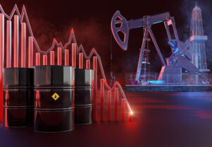 barris de petróleo com gráfico de preços em queda ao fundo