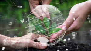 Mãos ao redor de globo transparente com ícones de sustentabilidade