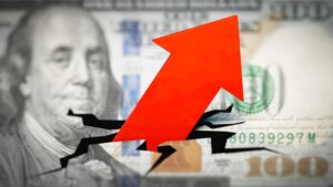 Seta aponta para cima saindo de nota de dólar