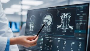 Médico com exame na tela de um computador