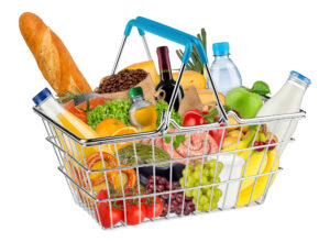 Cesta de supermercado com alimentos