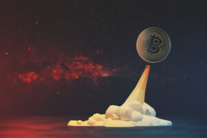 Moeda de Bitcoin decolando