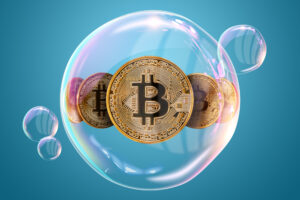 Moedas de Bitcoin dentro de uma bolha com um fundo azul claro
