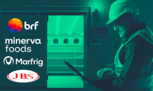 Arte com logos de JBS, BRF, Marfrig e Miverva