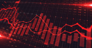 montagem com gráficos do mercado financeiro de colunas e de linhas em tons de vermelho
