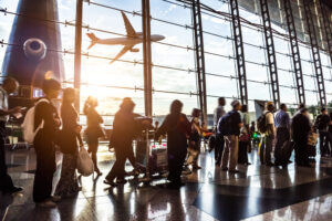 Fila de pessoas em aeroporto aguardando para fazer viagens