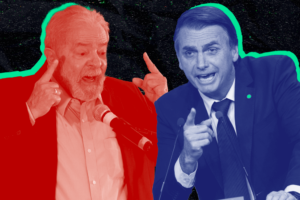 Ilustração que mostra Luiz Inácio Lula da Silva e Jair Bolsonaro em debates