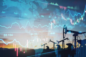 montagem com imagem de poço de petróleo, mapa-múndi e gráficos de cotações