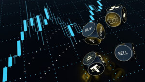 Fundo de tela preta com gráfico em azul e criptomoedas soltas.