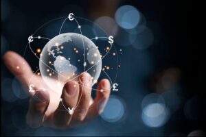 Holograma mostrando o planeta Terra com mão segurando